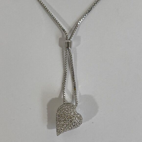 Swarovski Crystal Slider Necklace w/ Crystal Pave Heart Pendant 18” - Picture 1 of 6